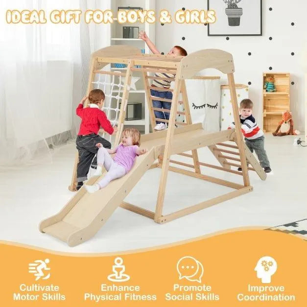 Children playing on a 6-in-1 indoor wooden jungle gym with slide, rope ladder, and monkey bars