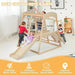 Children playing on a 6-in-1 indoor wooden jungle gym with slide, rope ladder, and monkey bars