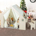Montessori indoor playhouse with toys, chair, and Christmas tree in cozy living room