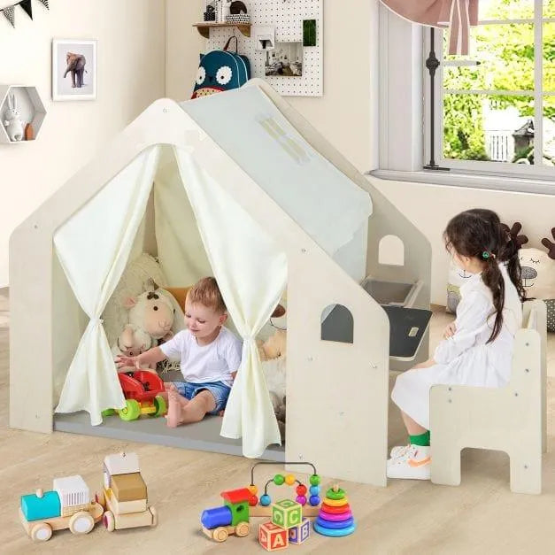 Montessori indoor playhouse activity center with two kids and educational toys in a bright room