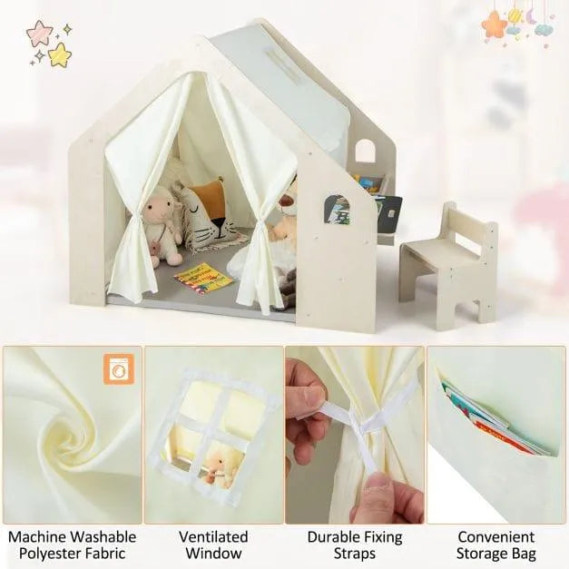Montessori-inspired indoor playhouse with plush toys, bench, and storage bag features