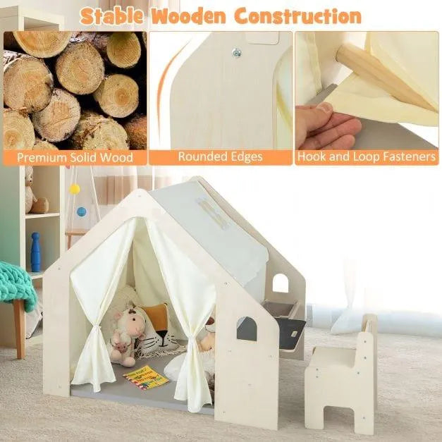 Montessori indoor wooden playhouse with curtains, soft toys, premium solid wood construction.