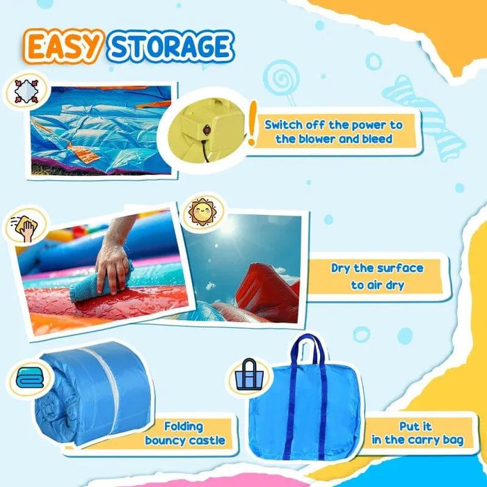 Easy storage guide for inflatable bouncy castle including folding, drying, and carry bag.