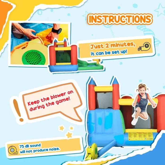 Colorful inflatable bouncy castle with blower, slide, and child, setup instructions shown