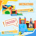 Colorful inflatable bouncy castle with blower, slide, and child, setup instructions shown