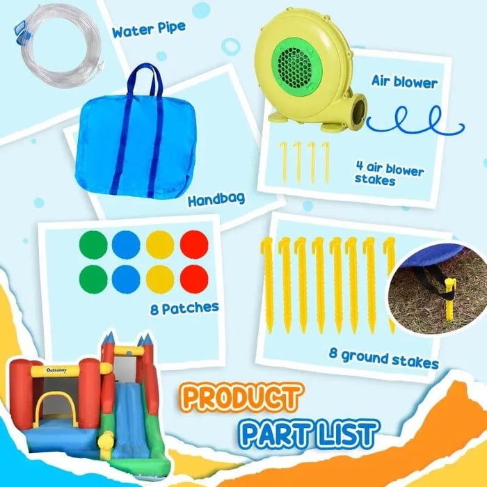 Inflatable bouncy castle parts including water pipe, air blower, patches, stakes, and handbag.