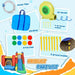 Inflatable bouncy castle parts including water pipe, air blower, patches, stakes, and handbag.