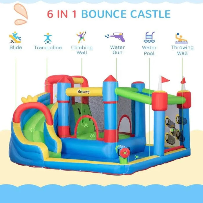 6-in-1 inflatable bounce castle with slide, trampoline, climbing wall, water gun, pool, and throwing wall