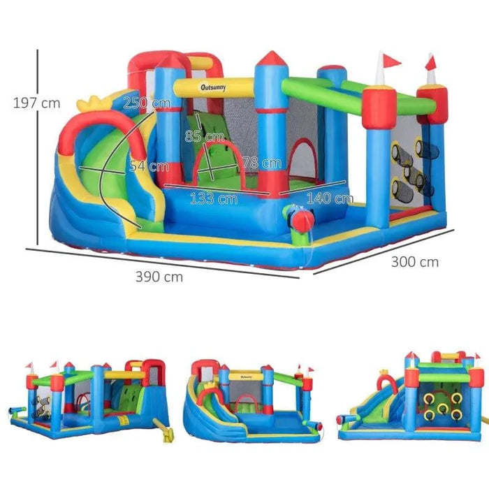 Colorful Outsunny 6-in-1 inflatable bouncy house with water slide and throwing wall, dimensions labeled.