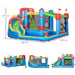 Colorful Outsunny 6-in-1 inflatable bouncy house with water slide and throwing wall, dimensions labeled.