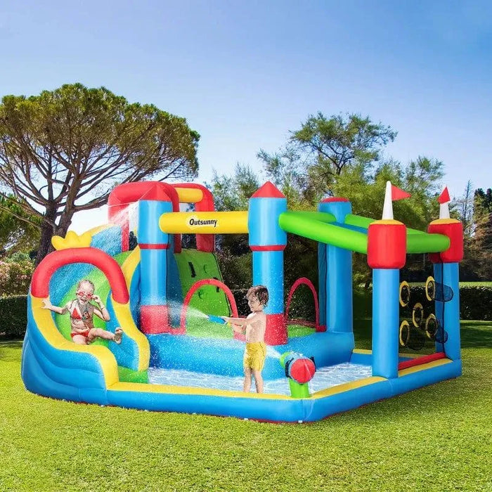 Children playing on Outsunny inflatable bouncy castle with water slide and splash pool outdoors