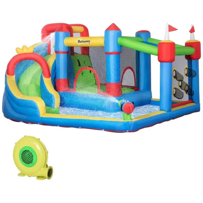 Colorful 6-in-1 inflatable bouncy castle with water slide, trampoline, and blower