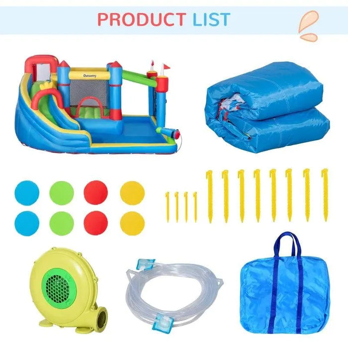 Inflatable bouncy house water slide set with accessories, blower, stakes, carry bag, hose, and colored balls.