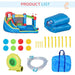 Inflatable bouncy house water slide set with accessories, blower, stakes, carry bag, hose, and colored balls.