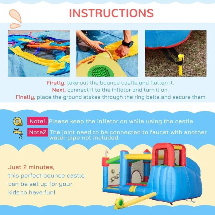 Setup instructions and images for a 6-in-1 inflatable bouncy house water slide castle.