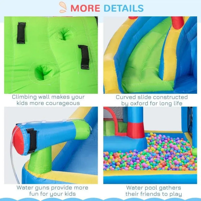 6-in-1 inflatable bouncy castle with climbing wall, slide, water gun, and ball pool
