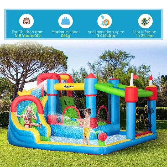 Kids playing on colorful Outsunny inflatable bouncy house with water slide and pool outdoors
