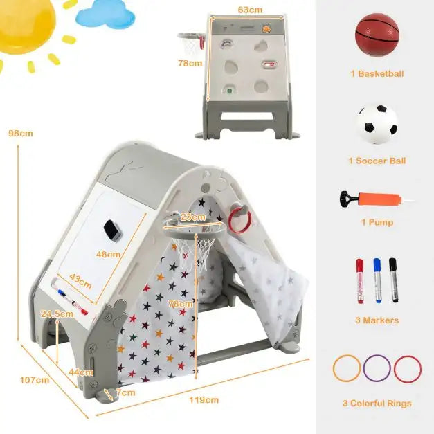 6-in-1 Kids Activity Centre Playhouse with Climbing Wall | Multi-Function Play Station - Little and Giant Explorers Costway