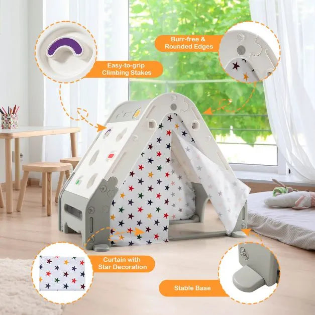 6-in-1 Kids Activity Centre Playhouse with Climbing Wall | Multi-Function Play Station - Little and Giant Explorers Costway