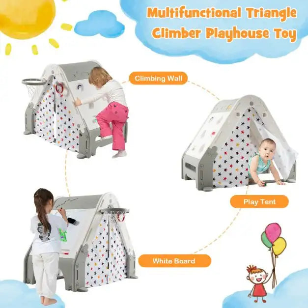 6-in-1 Kids Activity Centre Playhouse with Climbing Wall | Multi-Function Play Station - Little and Giant Explorers Costway