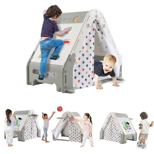6-in-1 Kids Activity Centre Playhouse with Climbing Wall | Multi-Function Play Station - Little and Giant Explorers Costway