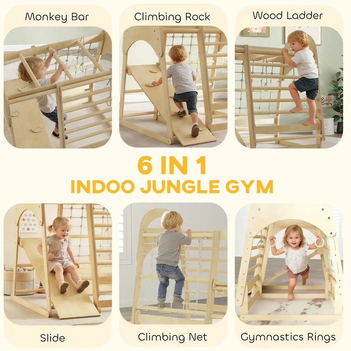 6-in-1 indoor jungle gym with various features and children using it.