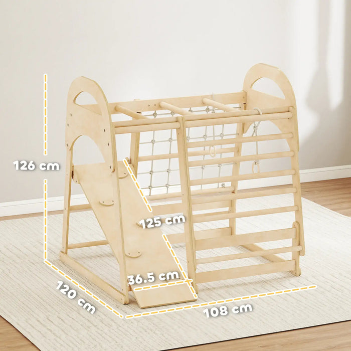 Wooden climbing toy with dimensions labeled on a neutral background