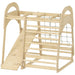 Children's wooden play structure with slide and climbing net on a white background