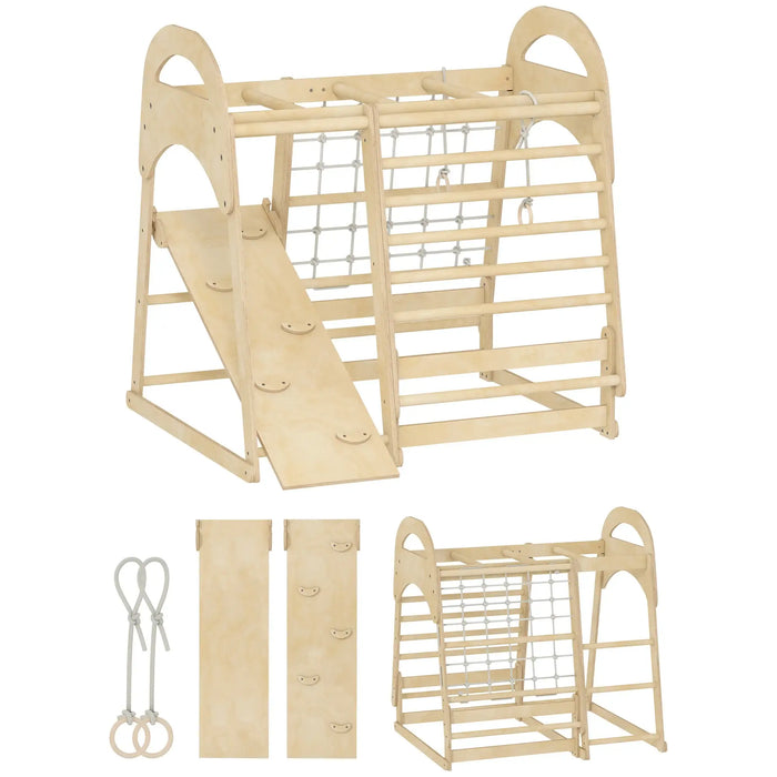 Wooden pet playpen with slide and climbing structures on a white background