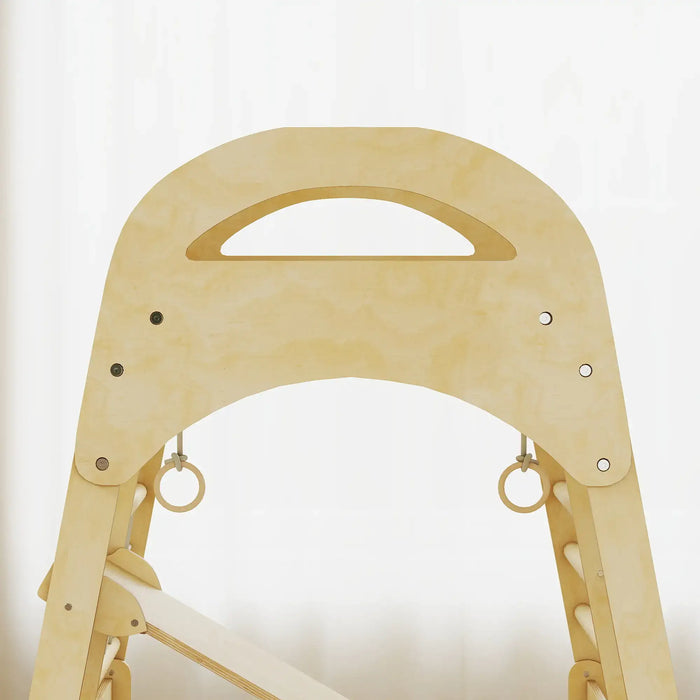 Wooden climbing toy with a handle on a white background