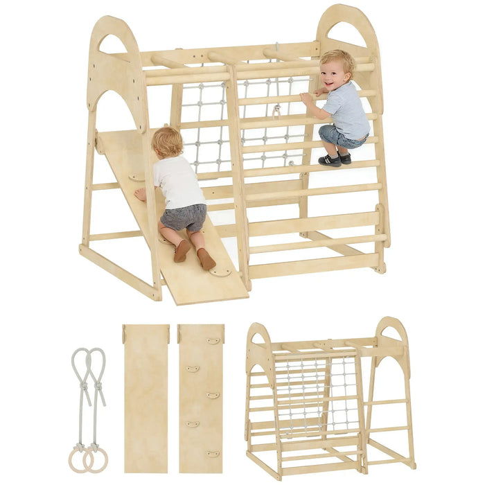 Children playing on a wooden climbing structure with a slide and monkey bars.