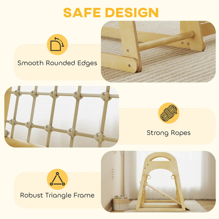 Wooden climbing toy with safety features highlighted on a white background