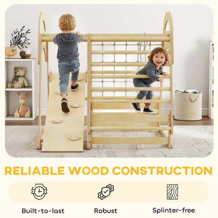 Children playing on a wooden climbing toy with text about reliable wood construction.