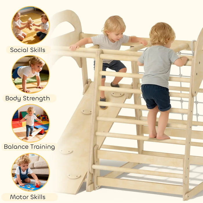 Children playing on a wooden climbing structure with text highlighting social skills, body strength, balance training, and motor skills.