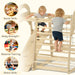 Children playing on a wooden climbing structure with text highlighting social skills, body strength, balance training, and motor skills.