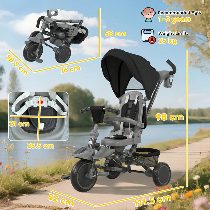 Children's tricycle with measurements and features displayed outdoors.