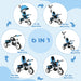 6-in-1 children's tricycle with age recommendations on a blue background