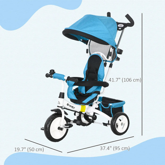 Blue and white baby tricycle with canopy on a light blue background