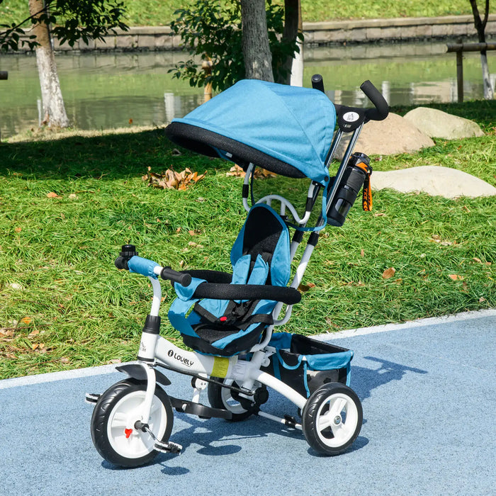 Children's tricycle with blue canopy on a paved path in a park.