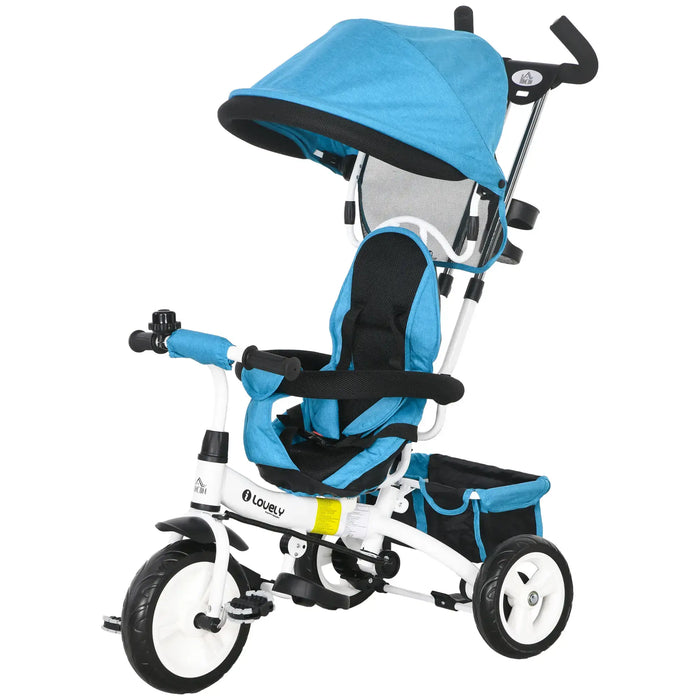 Blue and black children's tricycle with canopy on a white background
