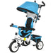 Blue and black children's tricycle with canopy on a white background