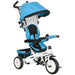 Blue and black children's tricycle with canopy on a white background