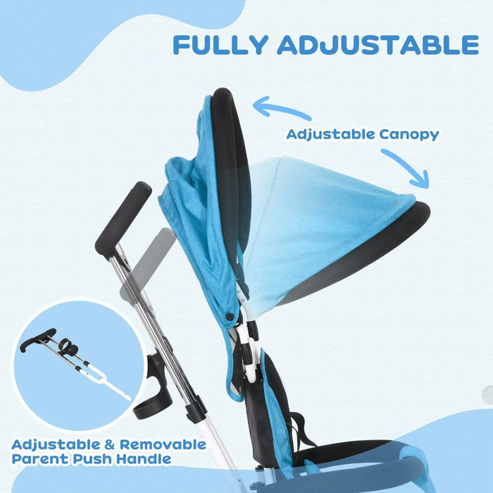 Baby stroller with adjustable canopy and parent push handle on a light blue background