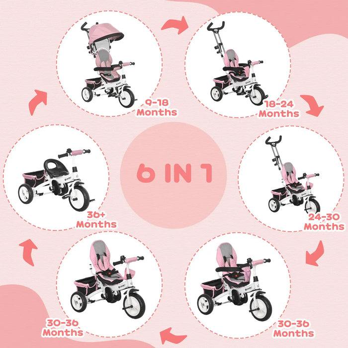 6-in-1 children's tricycle with age recommendations on a pink background