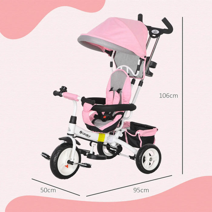 Pink and gray baby tricycle with dimensions on a white background