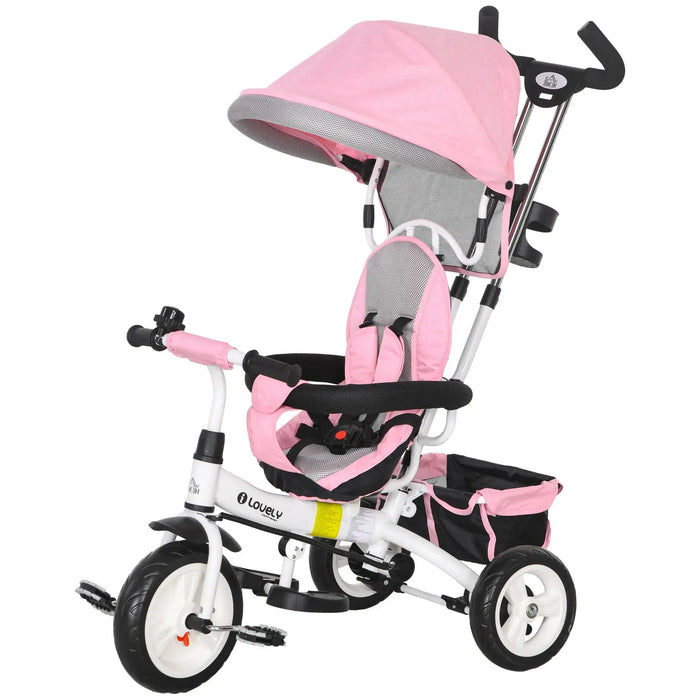 Pink and gray baby tricycle with canopy on a white background
