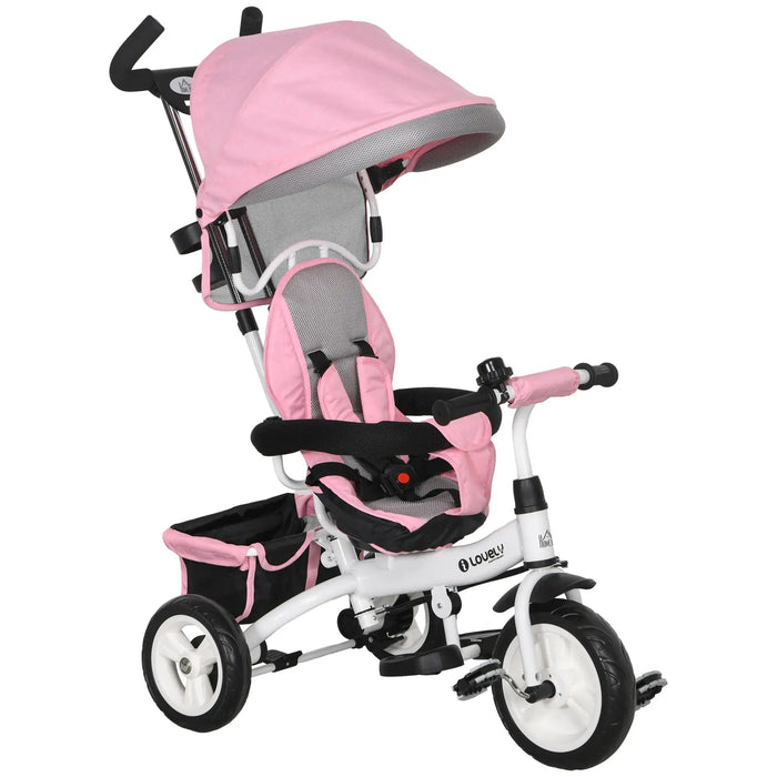 Pink and black baby tricycle with canopy on a white background