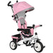 Pink and black baby tricycle with canopy on a white background