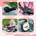 Collage of a child's tricycle with features highlighted on a pink background.