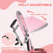 Pink and gray stroller with adjustable canopy and handle on a pink background